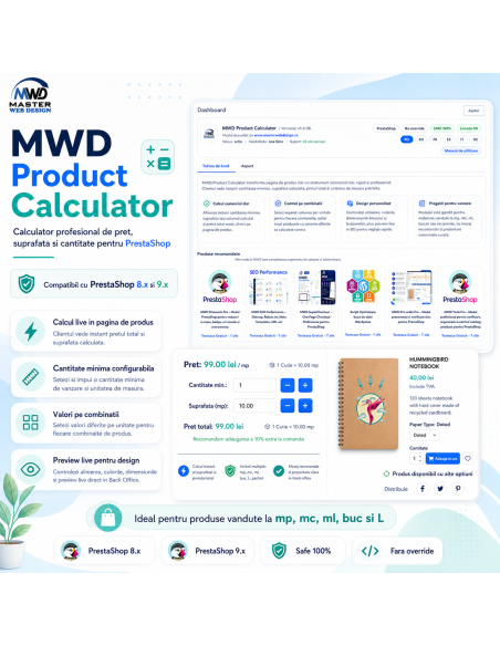 MWD Product Calculator pentru PrestaShop - Calculator live de pret, suprafata si cantitate pe pagina de produs
