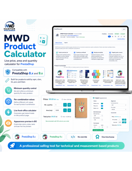 MWD Product Calculator for PrestaShop - live price, area and quantity calculator on the product page
