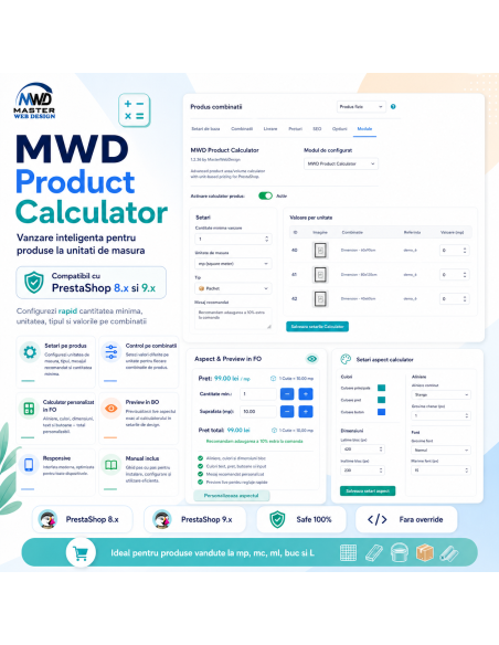 MWD Product Calculator pentru PrestaShop - Calculator live de pret, suprafata si cantitate pe pagina de produs