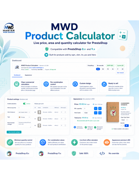 MWD Product Calculator for PrestaShop - live price, area and quantity calculator on the product page