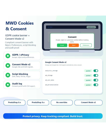 MWD Cookies & Consent - Banner GDPR + Google Consent Mode v2 pentru PrestaShop MWD Cookies & Consent - Banner GDPR + Google Consent Mode v2 pentru PrestaShop